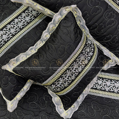 Cotton Irsh Quilted EMB Border Bedspread 4pcs Set (Draco Black)