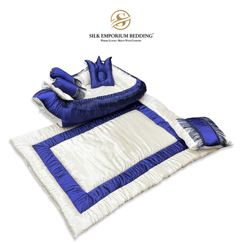 Luxury Silk Baby Set 6 Piece  (Cream Navy Blue)