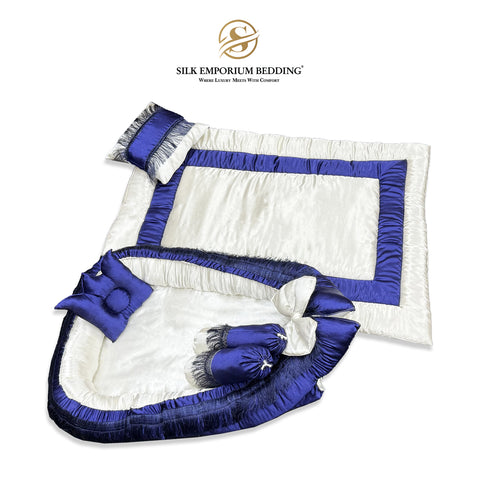 Luxury Silk Baby Set 6 Piece  (Cream Navy Blue)