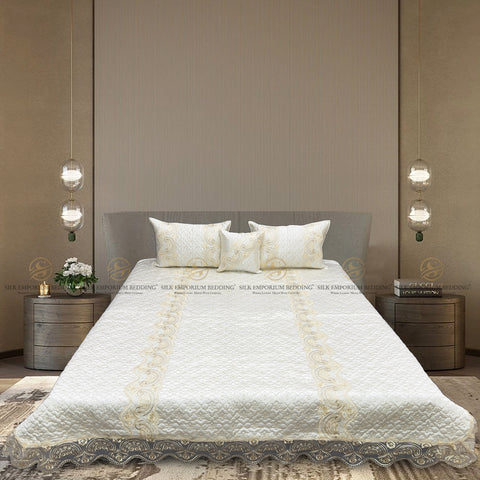 Silk Quilted Turkish Bedspread 4pcs Set (Pearl White)