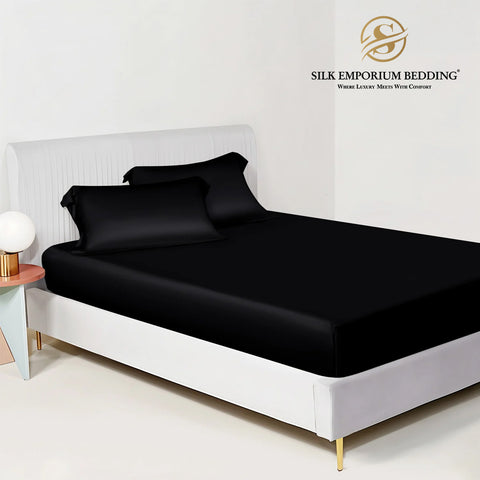 SILK SATIN FITTED SHEET (BLACK)