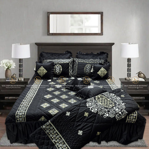 Pure Luxury Micro Velvet Versace Pannal Embroidered 10pcs Set. (Black Diamond)