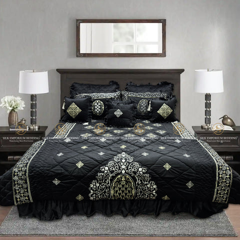 Pure Luxury Micro Velvet Versace Pannal Embroidered 10pcs Set. (Black Diamond)