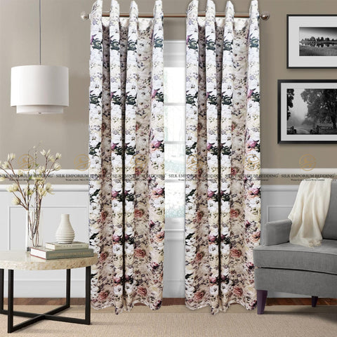 SILK PREMIUM DIGITAL PRINTED CURTAINS (Rose Floral Art Work Design)
