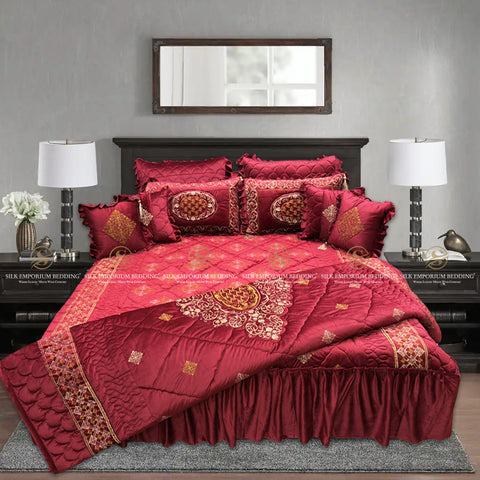 Pure Luxury Micro Velvet Versace Pannal Embroidered 10pcs Set. (Mahroon Gold)