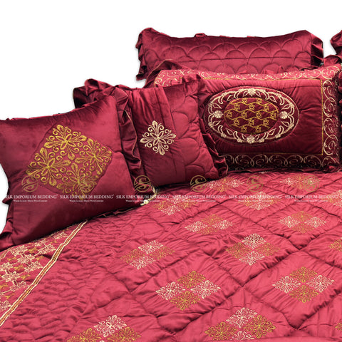 Pure Luxury Micro Velvet Versace Pannal Embroidered 10pcs Set. (Mahroon Gold)