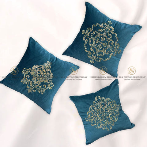 Velvet Embroidered Square Cushion (Velvet Embroidered Square Cushion (Mid Sea Aqua)