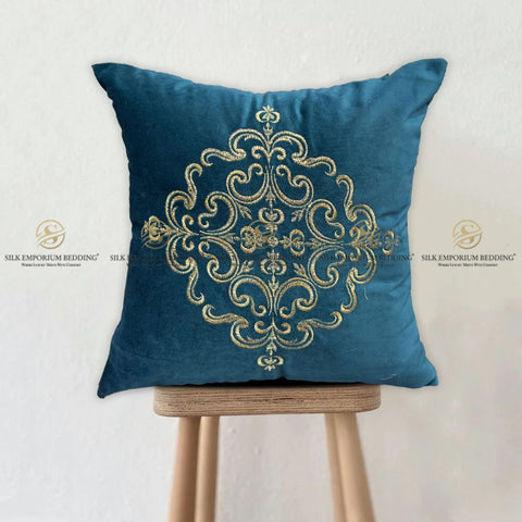 Velvet Embroidered Square Cushion (Velvet Embroidered Square Cushion (Mid Sea Aqua)