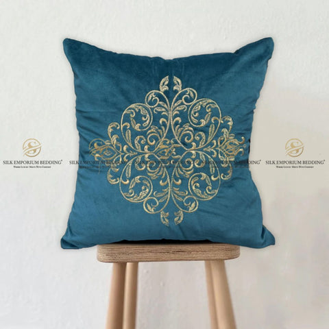 Velvet Embroidered Square Cushion (Velvet Embroidered Square Cushion (Mid Sea Aqua)