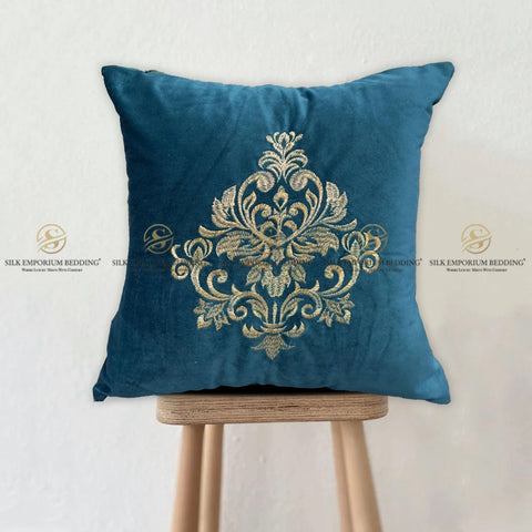 Velvet Embroidered Square Cushion (Velvet Embroidered Square Cushion (Mid Sea Aqua)