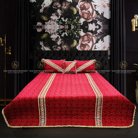 Cotton Irsh Quilted EMB Border Bedspread 4pcs Set (Mahroon)