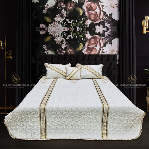 Cotton Irsh Quilted EMB Border Bedspread 4pcs Set (Pearl White)