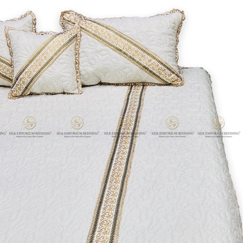 Cotton Irsh Quilted EMB Border Bedspread 4pcs Set (Pearl White)