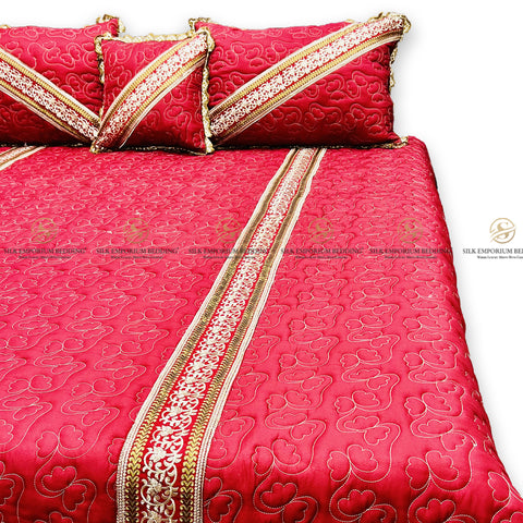 Cotton Irsh Quilted EMB Border Bedspread 4pcs Set (Mahroon)