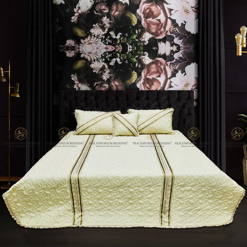 Cotton Irsh Quilted EMB Border Bedspread 4pcs Set (Beige Gold)