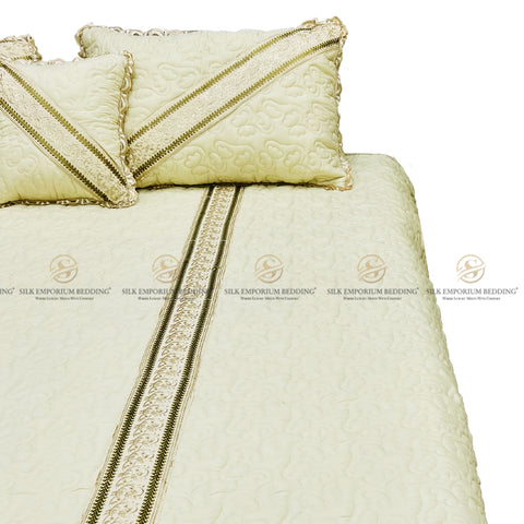 Cotton Irsh Quilted EMB Border Bedspread 4pcs Set (Beige Gold)