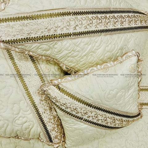 Cotton Irsh Quilted EMB Border Bedspread 4pcs Set (Beige Gold)