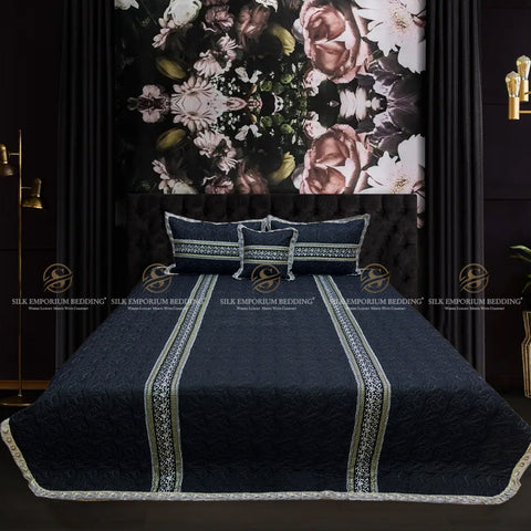 Cotton Irsh Quilted EMB Border Bedspread 4pcs Set (Draco Black)