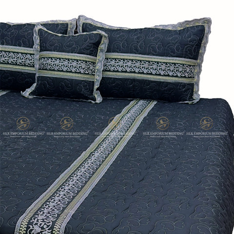 Cotton Irsh Quilted EMB Border Bedspread 4pcs Set (Draco Black)
