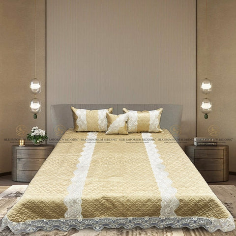 Silk Quilted Turkish Bedspread 4pcs Set (Champagne Gold) - Silk Emporium Bedding