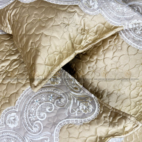 Silk Quilted Turkish Bedspread 4pcs Set (Champagne Gold) - Silk Emporium Bedding