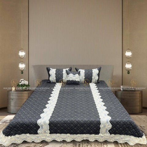 Silk Quilted Turkish Bedspread 4pcs Set (Charcoal Black) - Silk Emporium Bedding