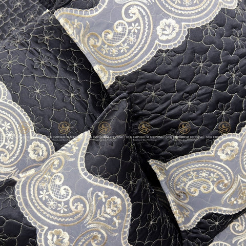 Silk Quilted Turkish Bedspread 4pcs Set (Charcoal Black) - Silk Emporium Bedding