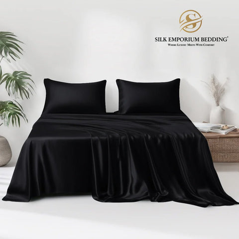 Silk Satin Bedsheet 3pcs (Charcoal Black) - Silk Emporium Bedding