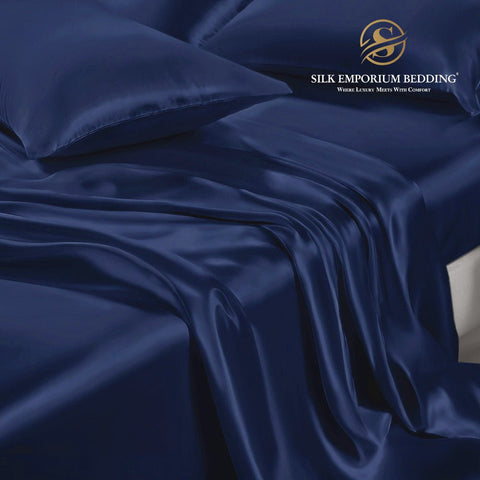Silk Satin Bedsheet 3pcs (Navy Blue) - Silk Emporium Bedding