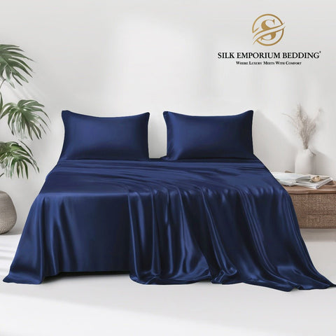 Silk Satin Bedsheet 3pcs (Navy Blue) - Silk Emporium Bedding