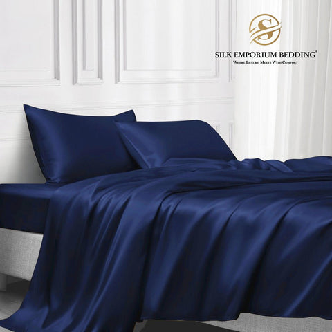 Silk Satin Bedsheet 3pcs (Navy Blue) - Silk Emporium Bedding